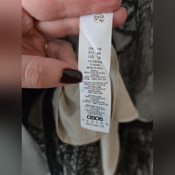 ASOS DESIGN lace insert asymmetric hem mini skater dress in gray print Size 14 - Picture 7 of 8